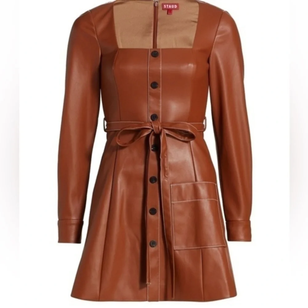 STAUD Oz Faux Leather Belted Dress Size Large - Picture 2 of 16